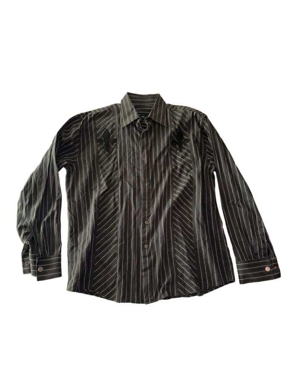 Men's Grey Pinstripe Embroidered Long Sleeve Button Down Shirt Size XL